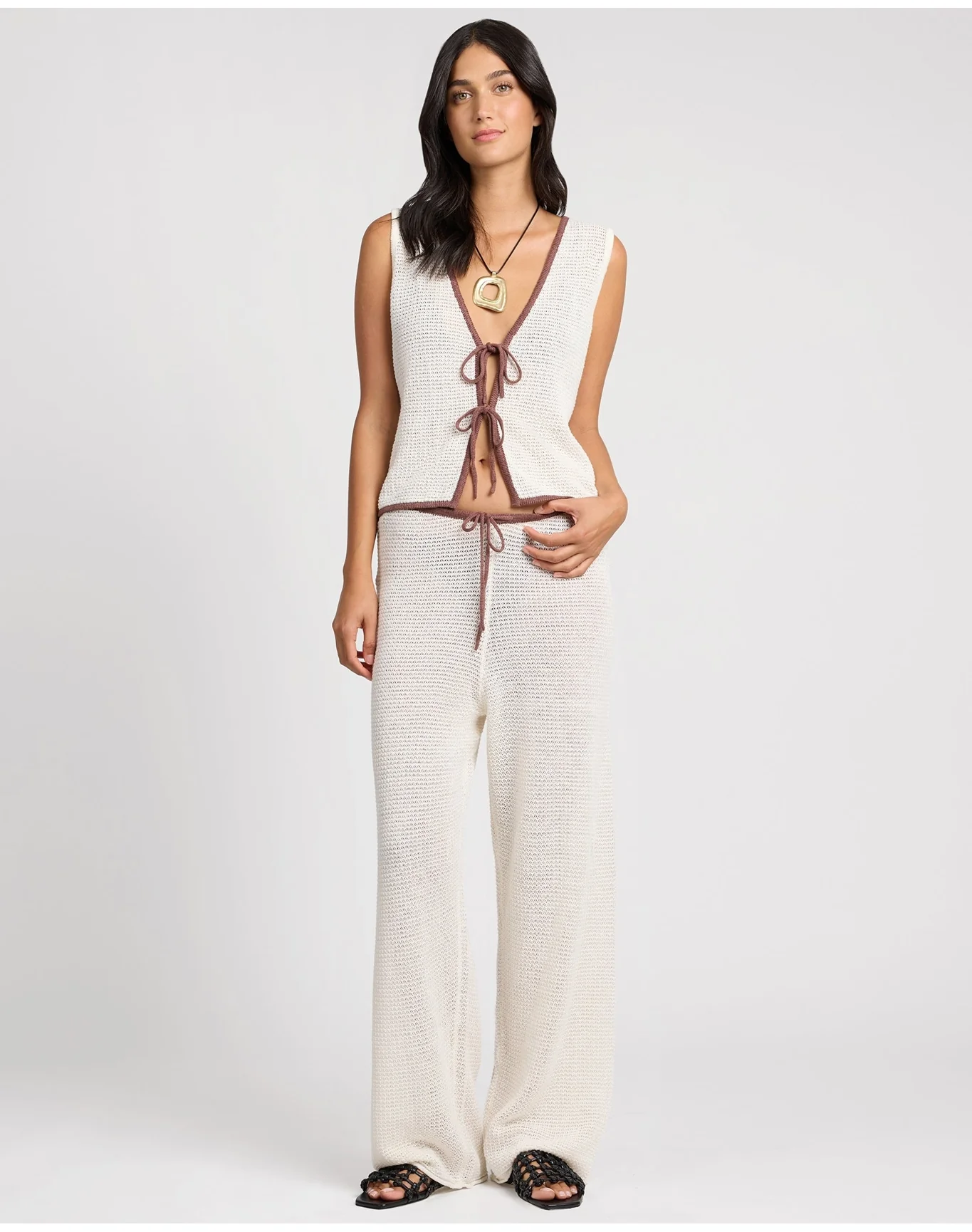 Women | Linen Knit Tie Front Tank Top | Egret Cappuccino - Image 4