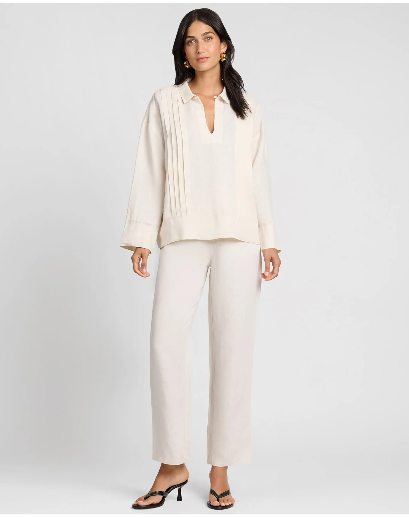 Women | Linen Pintuck Popover Shirt | Natural - Image 3