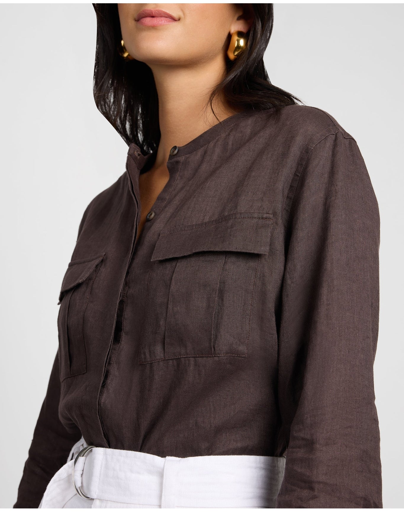 Women | Linen Utility Shirt | Espresso - Image 4