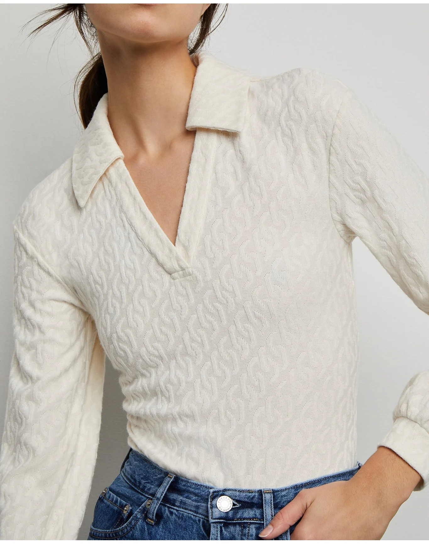 Women | Long Sleeve Polo Geo Knit Bodysuit | French Vanilla - Image 4