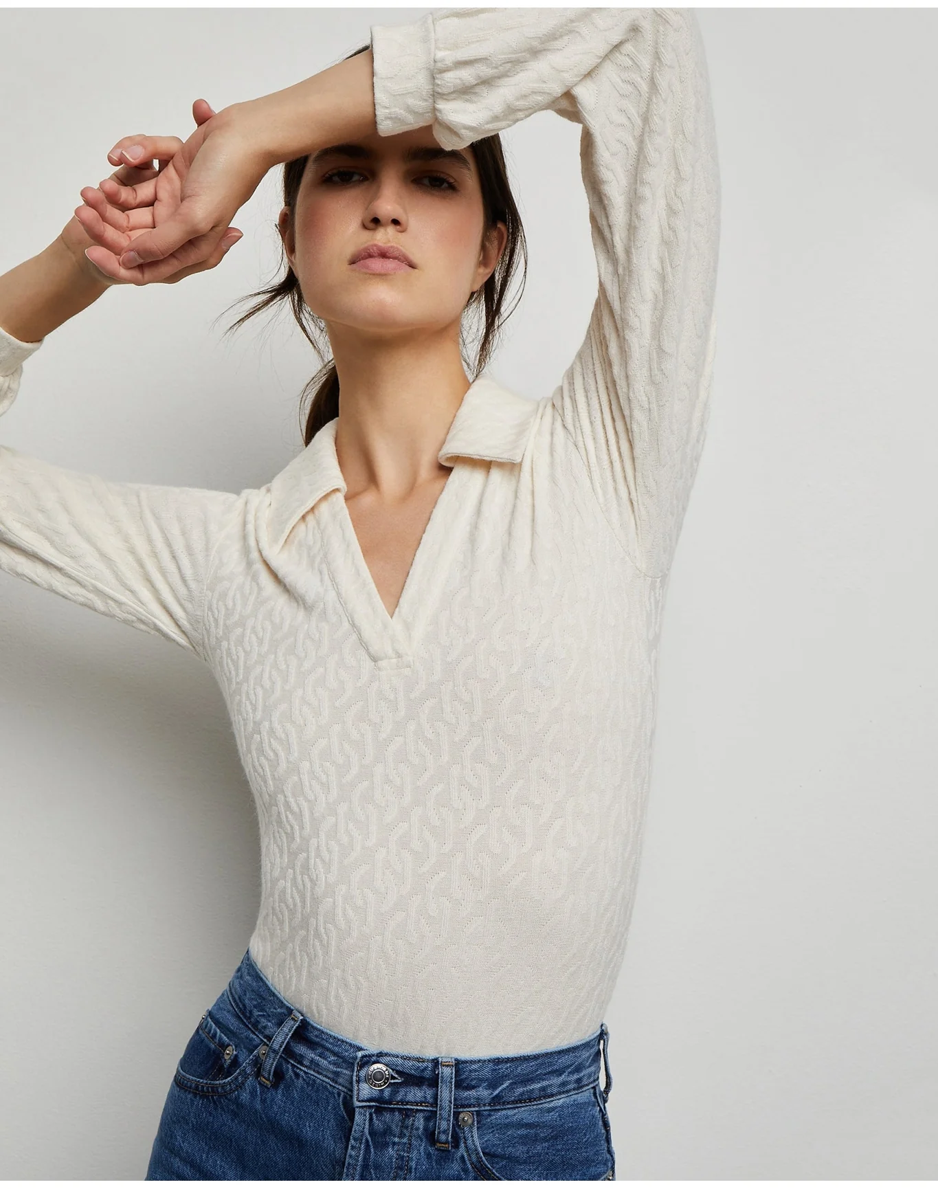 Women | Long Sleeve Polo Geo Knit Bodysuit | French Vanilla - Image 5