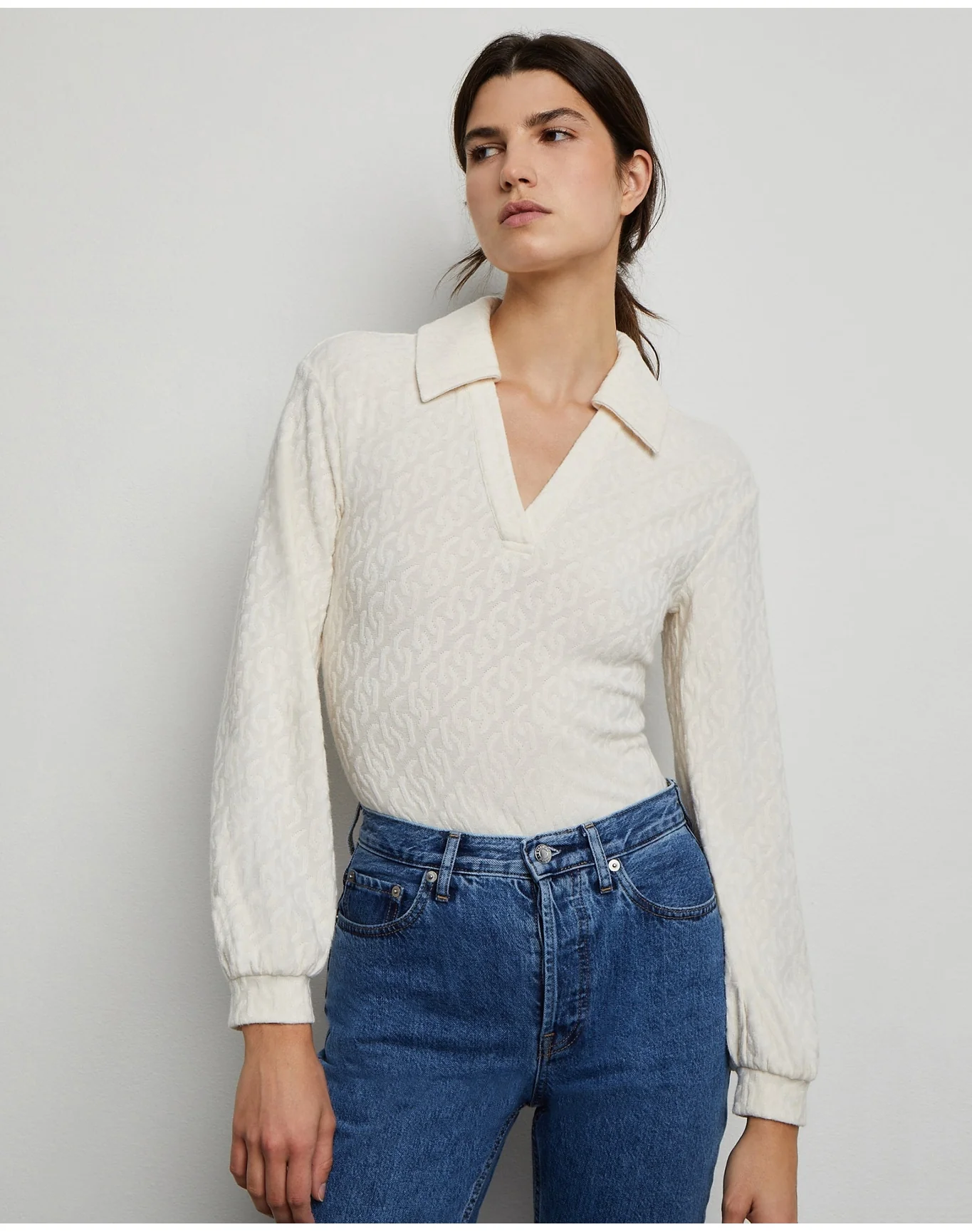 Women | Long Sleeve Polo Geo Knit Bodysuit | French Vanilla - Image 6