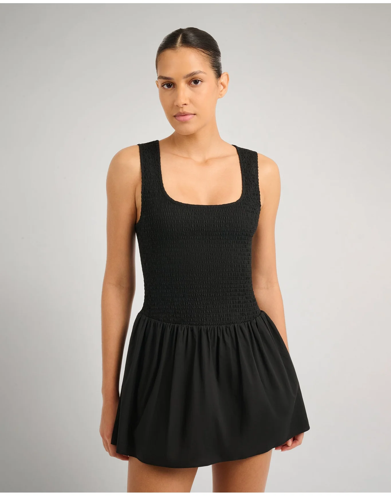 Women | Poplin Smocked Mini Dress | Black - Image 3