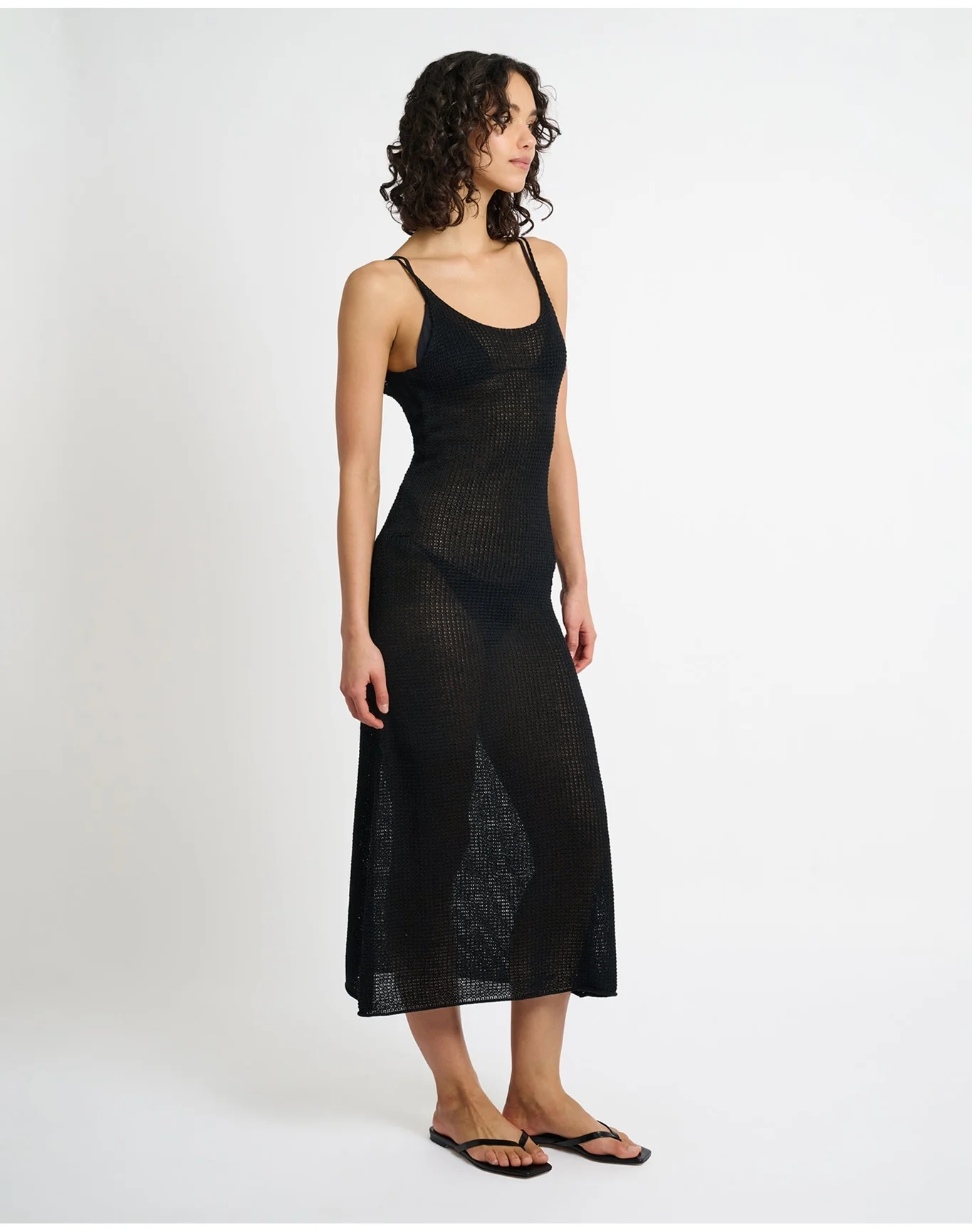 Women | Textured Linen Sweater Scoop Maxi Dress | Black - Image 3
