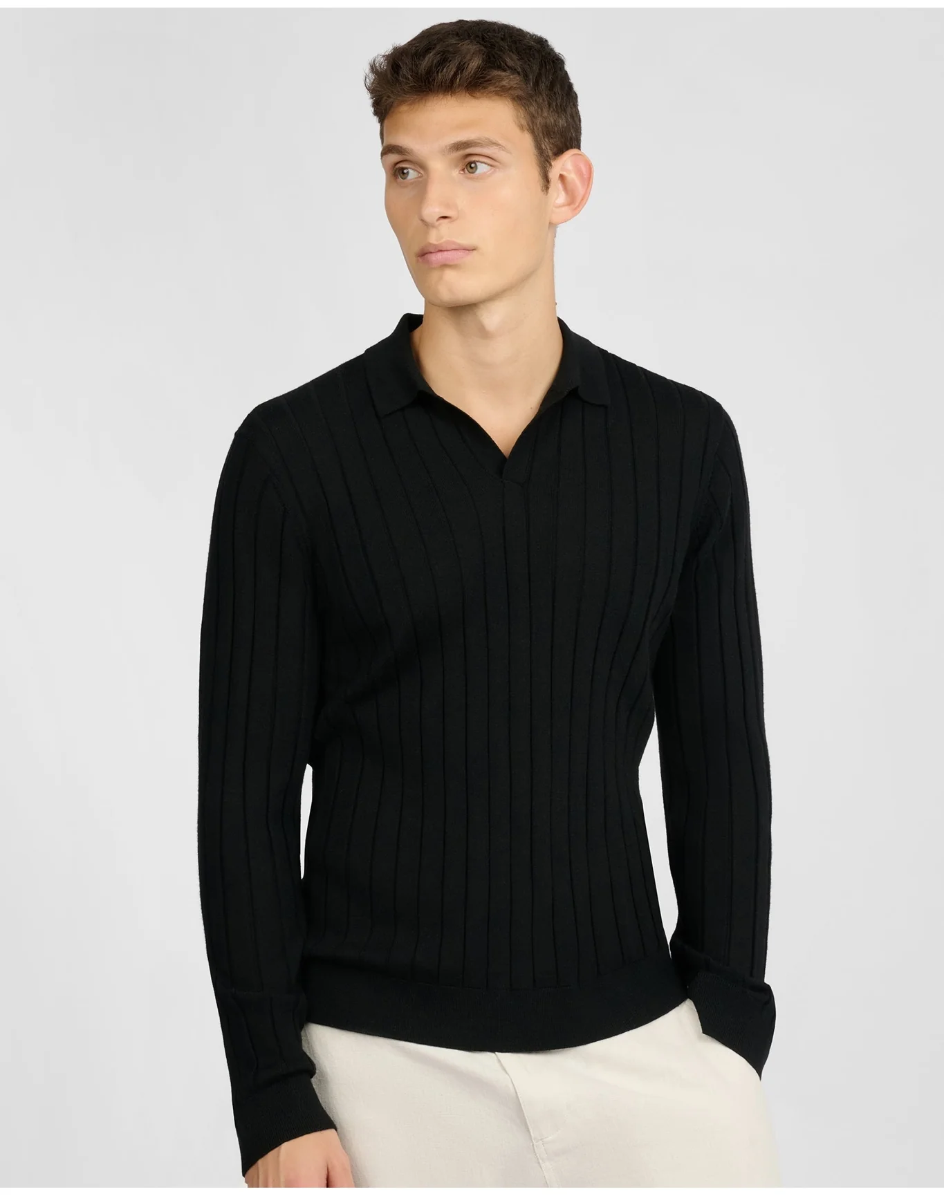 Men | Extra Fine Merino Wool Long Sleeve Johnny Collar Polo | Black - Image 2