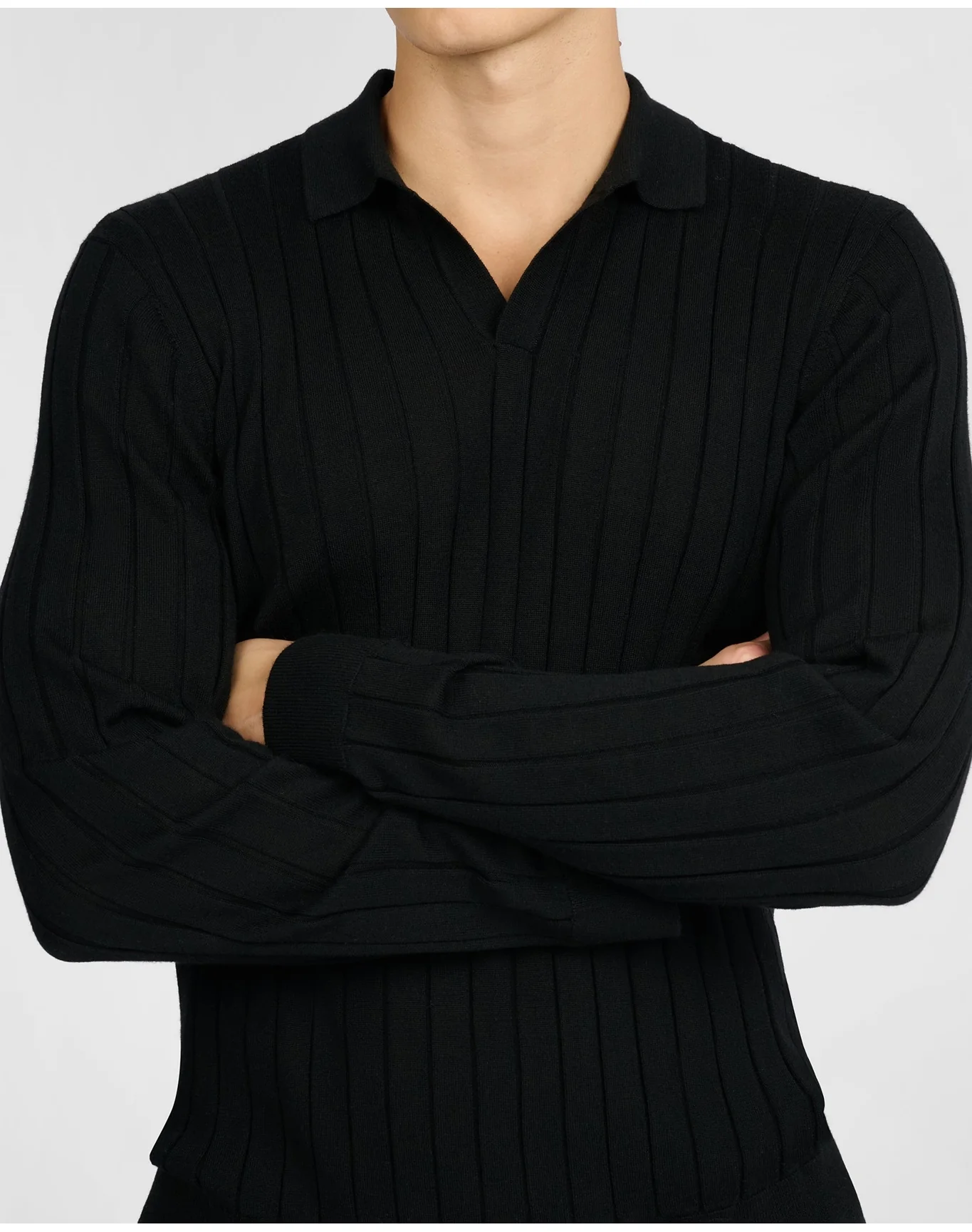 Men | Extra Fine Merino Wool Long Sleeve Johnny Collar Polo | Black - Image 3