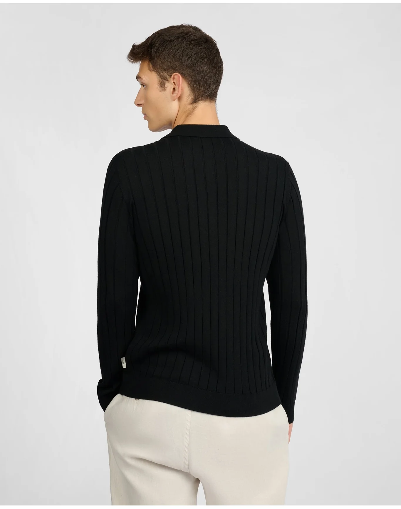 Men | Extra Fine Merino Wool Long Sleeve Johnny Collar Polo | Black - Image 5
