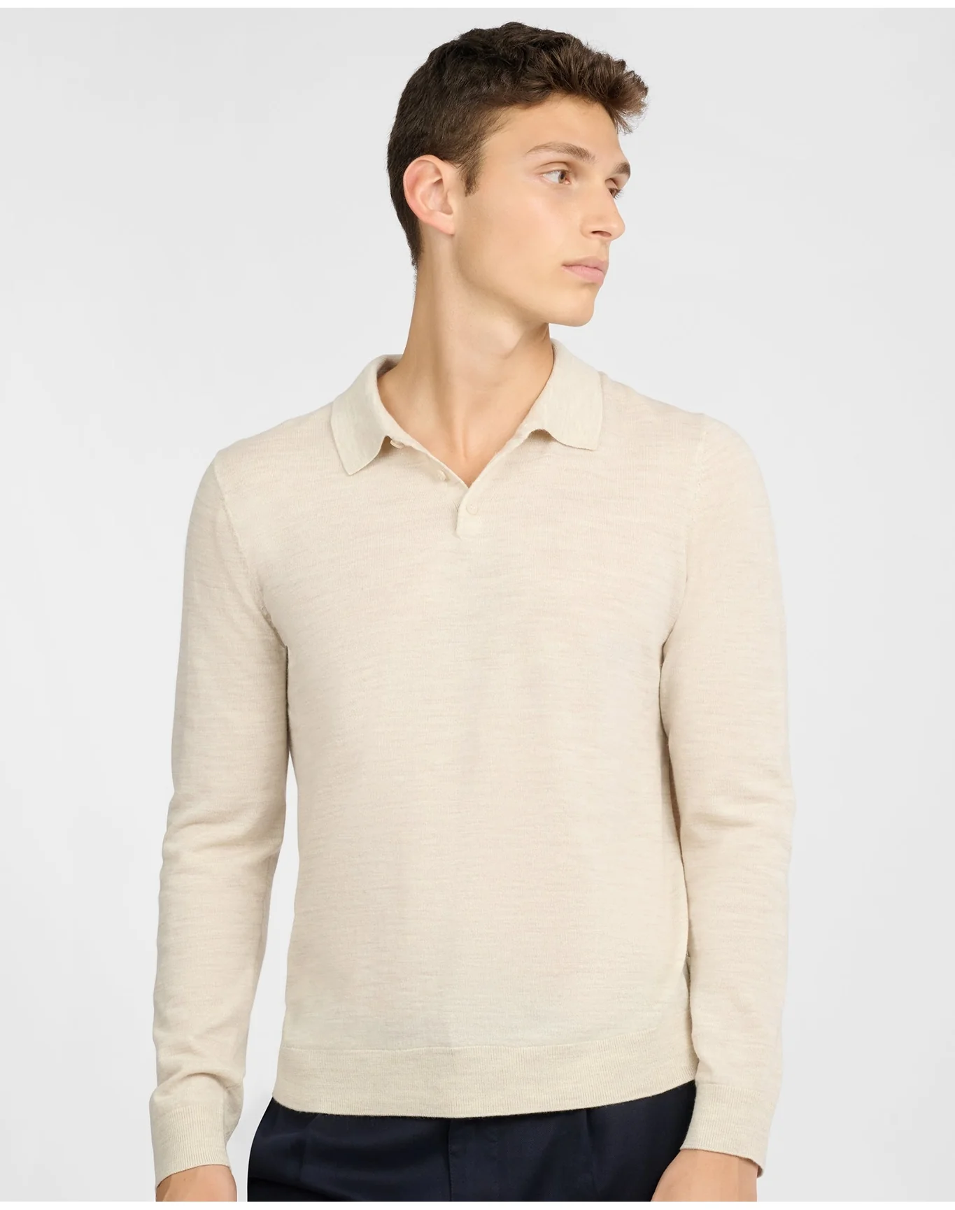 Men | Extra Fine Merino Wool Long Sleeve Polo | Stone Melange - Image 2