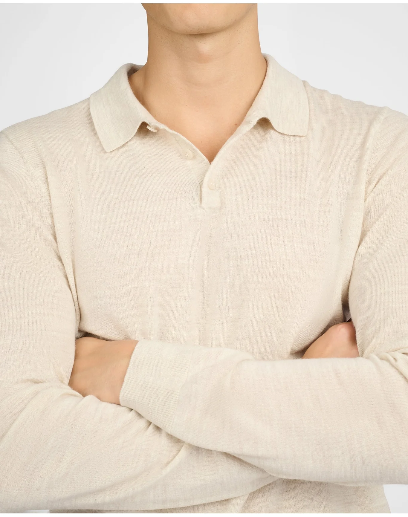 Men | Extra Fine Merino Wool Long Sleeve Polo | Stone Melange - Image 3