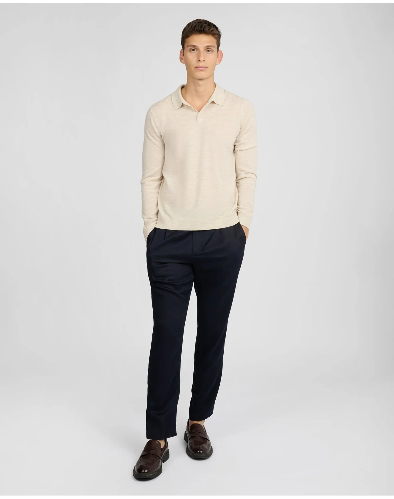 Men | Extra Fine Merino Wool Long Sleeve Polo | Stone Melange - Image 4