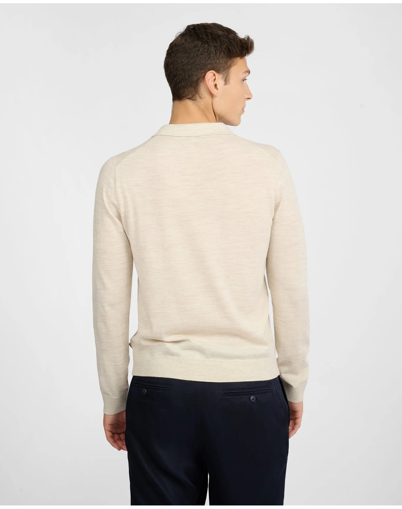 Men | Extra Fine Merino Wool Long Sleeve Polo | Stone Melange - Image 5