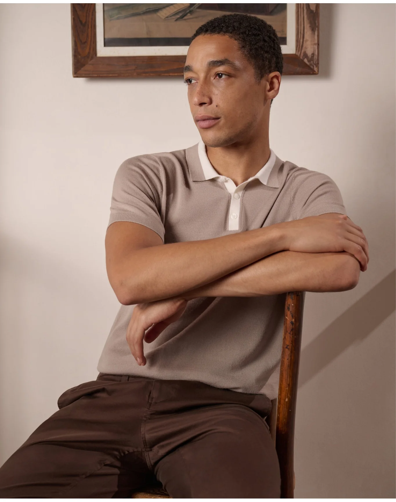 Men | Extra Fine Merino Wool Polo | Oxford Tan x White - Image 2
