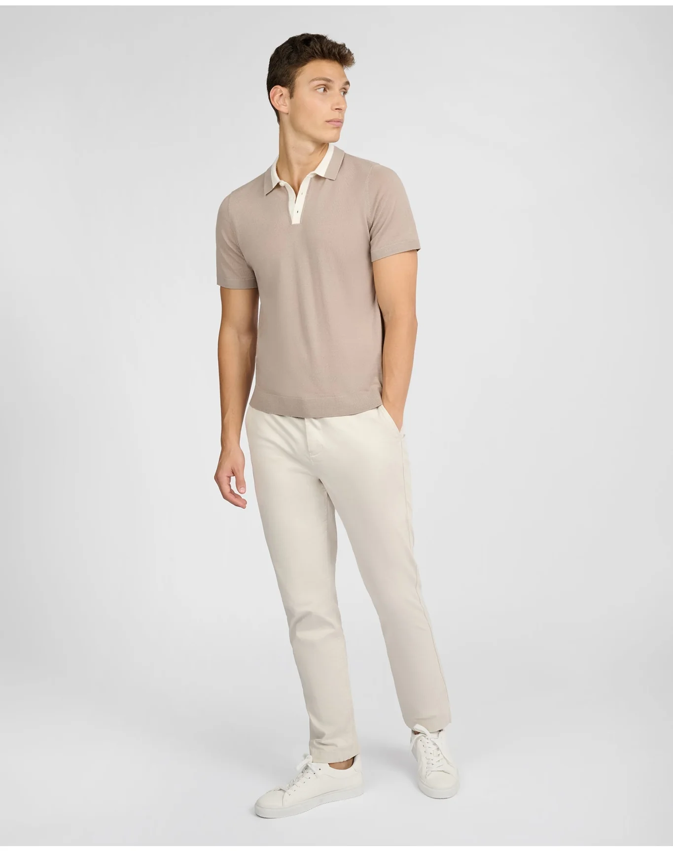 Men | Extra Fine Merino Wool Polo | Oxford Tan x White - Image 5