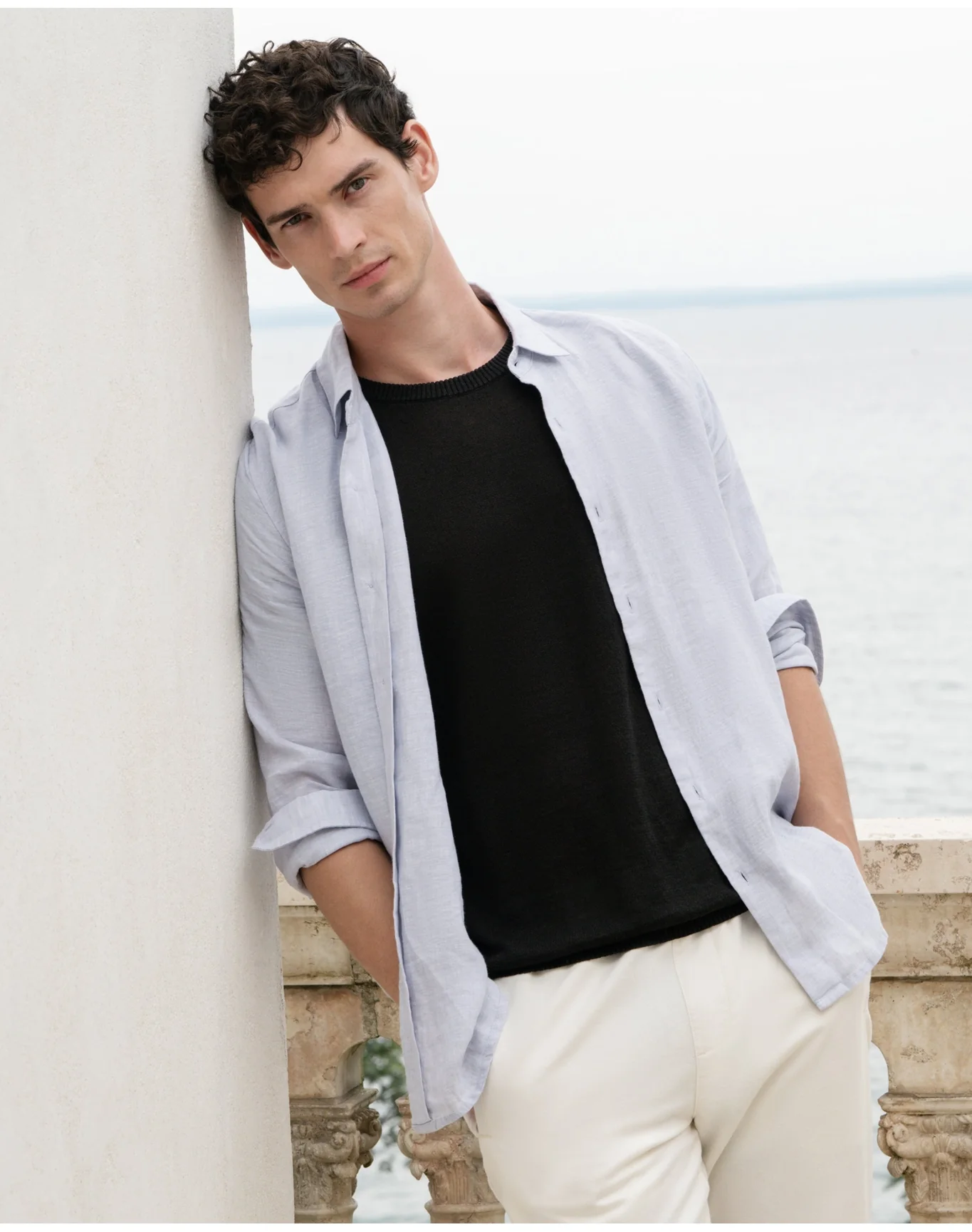 Men | Linen Long Sleeve Shirt | Light Grey - Image 2