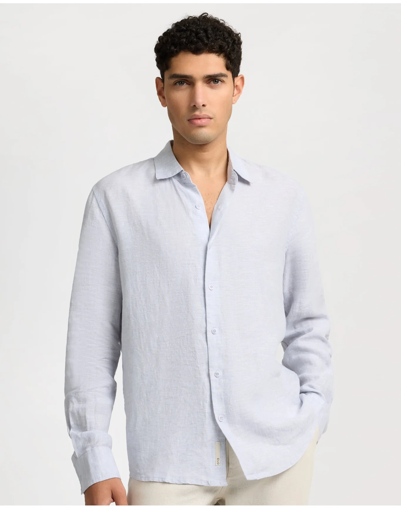Men | Linen Long Sleeve Shirt | Light Grey - Image 3