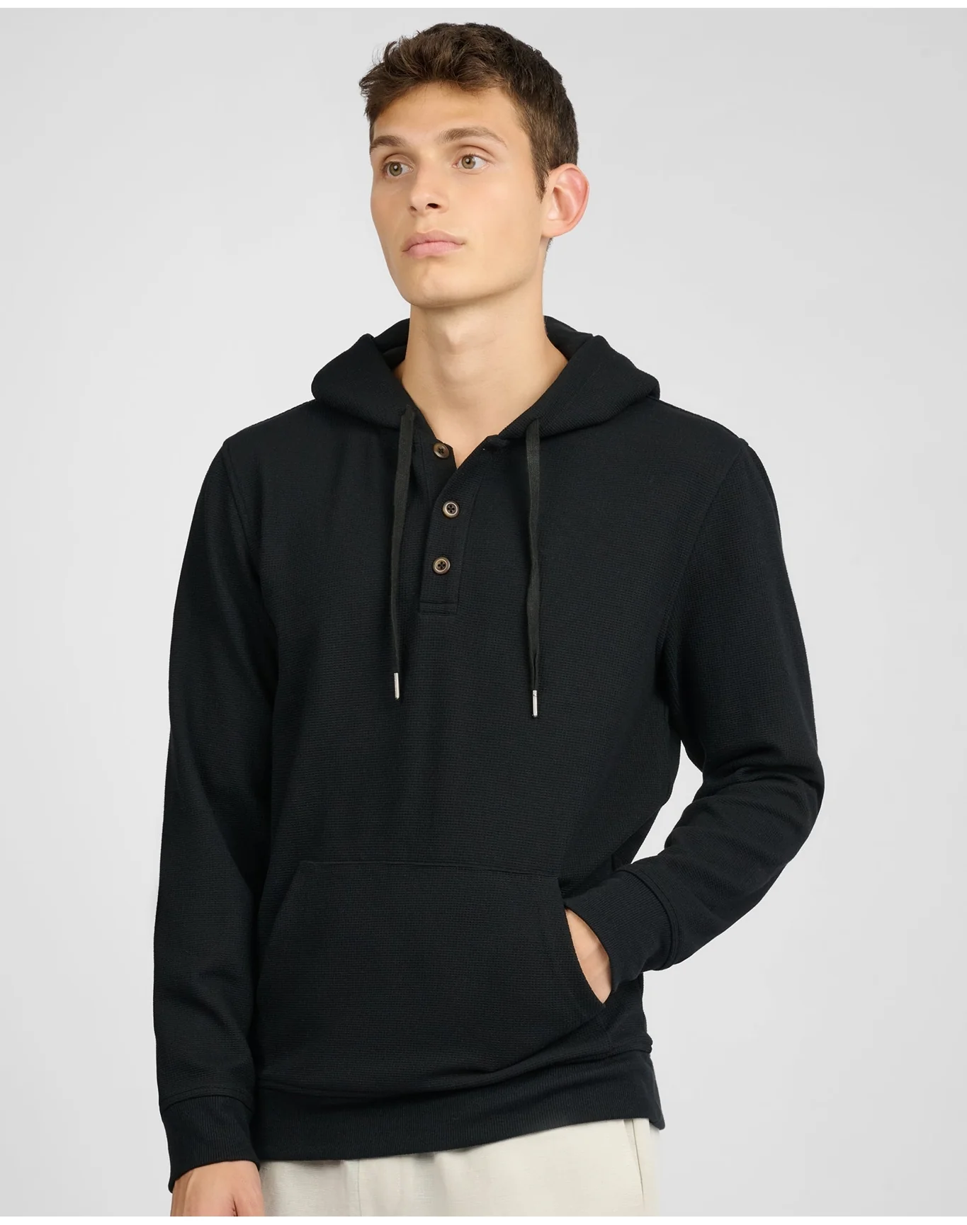 Men | Waffle Half Button Hoodie | Black - Image 2