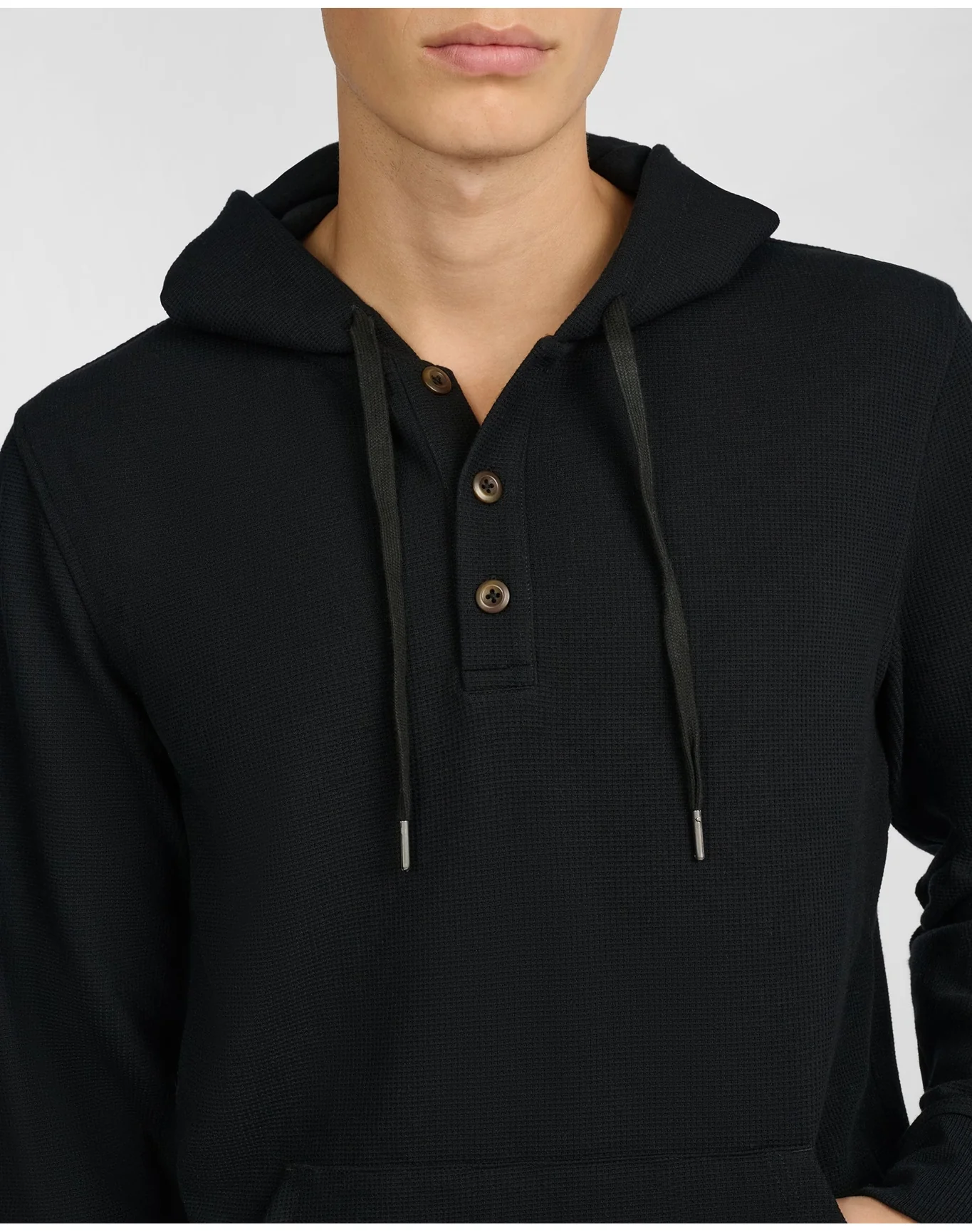 Men | Waffle Half Button Hoodie | Black - Image 3