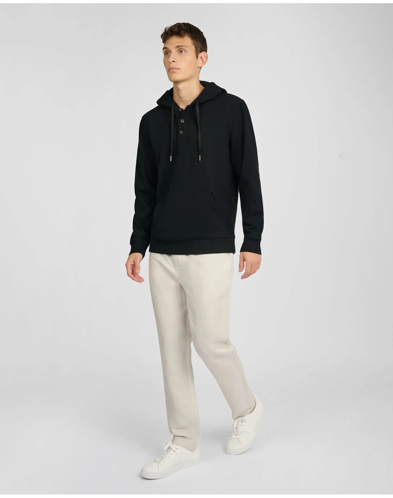 Men | Waffle Half Button Hoodie | Black - Image 4
