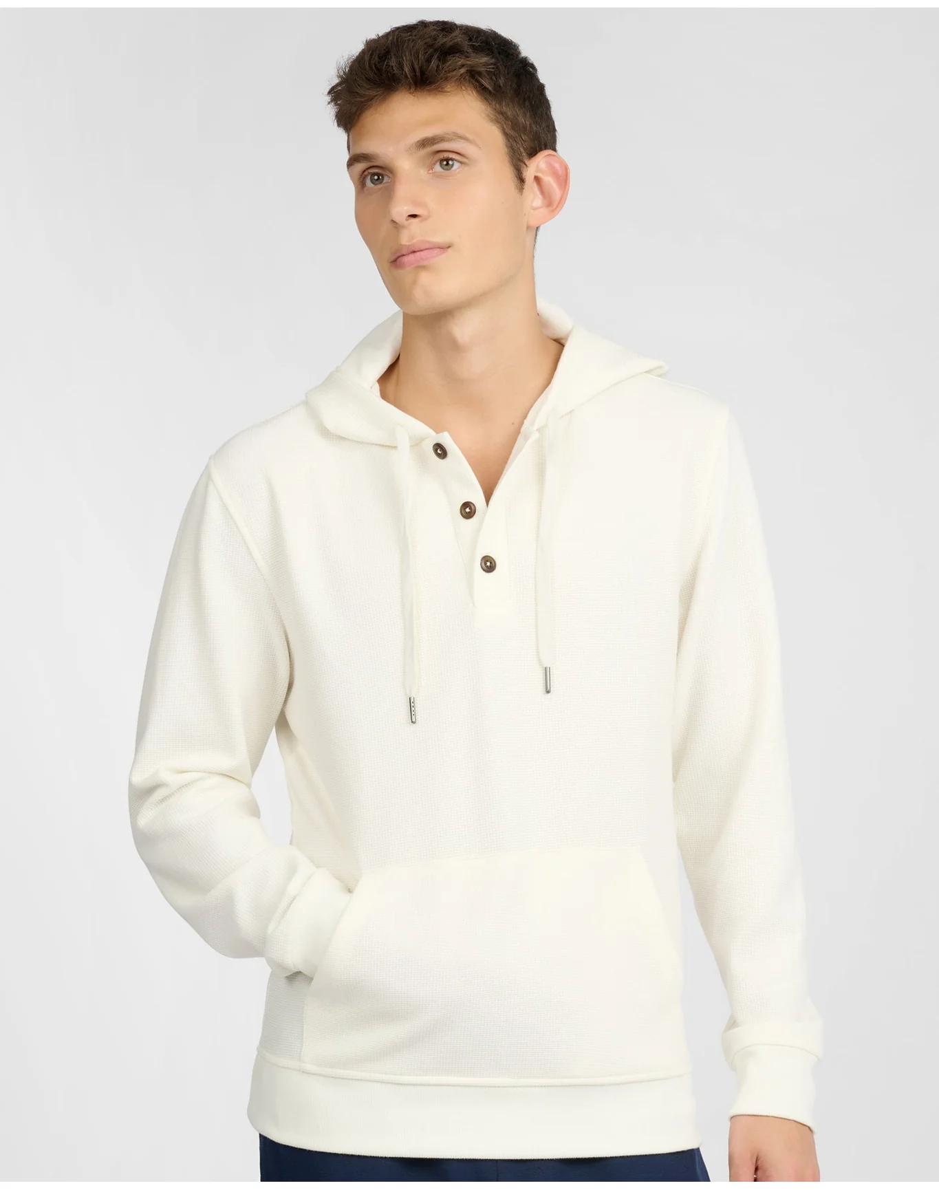 Men | Waffle Half Button Hoodie | Egret - Image 2