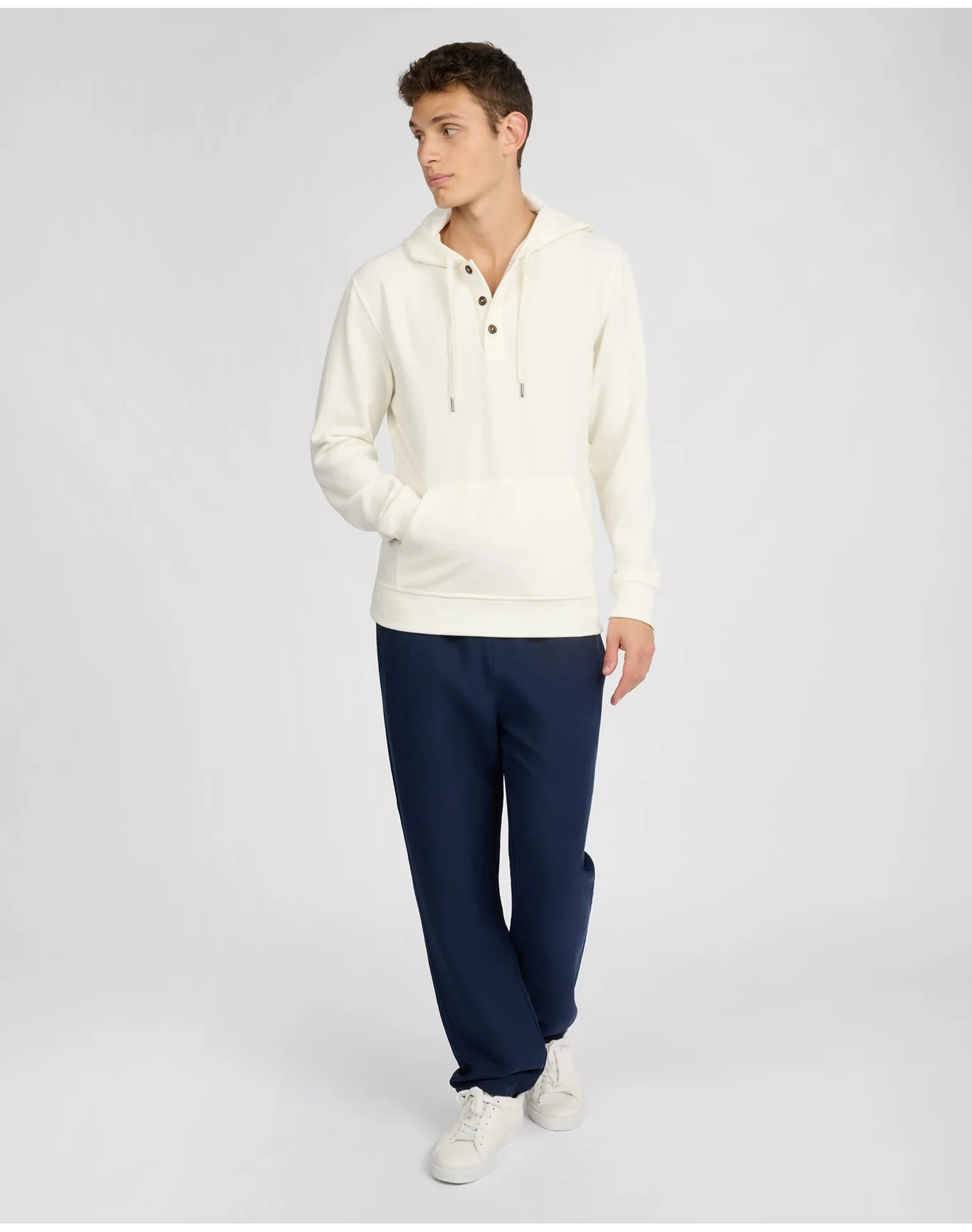 Men | Waffle Half Button Hoodie | Egret - Image 4