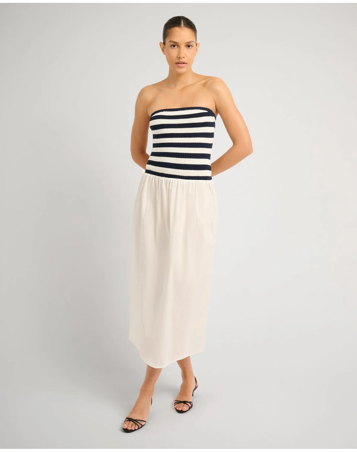 Women | Crochet Knit Poplin Maxi Dress | Deep Navy x White