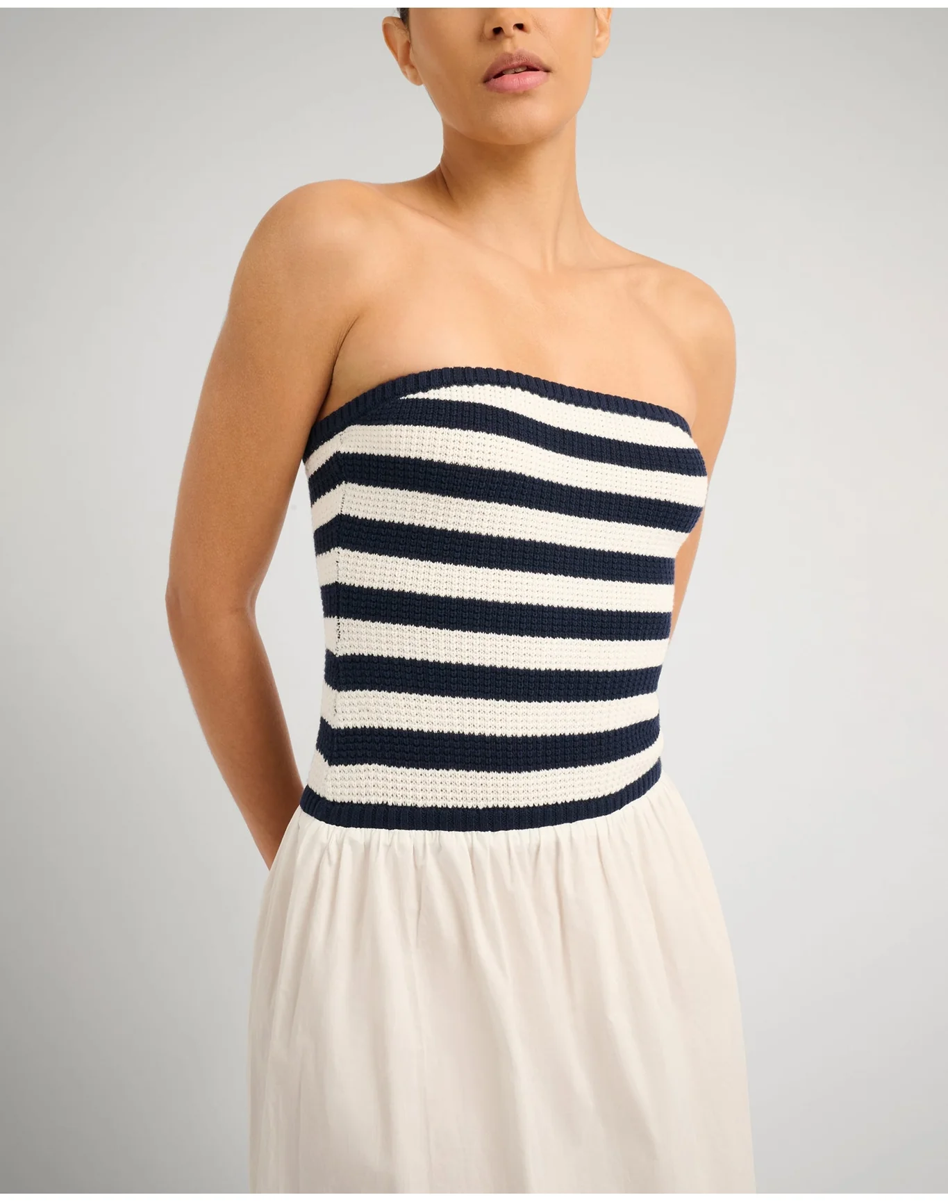 Women | Crochet Knit Poplin Maxi Dress | Deep Navy x White - Image 3