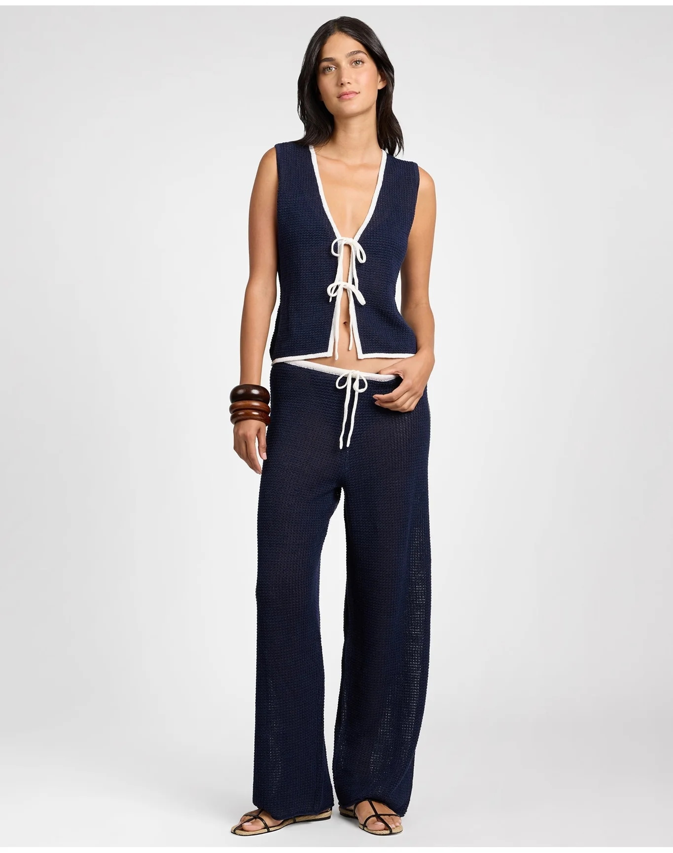 Women | Linen Knit Drawstring Pant | Noir Navy x Egret - Image 3