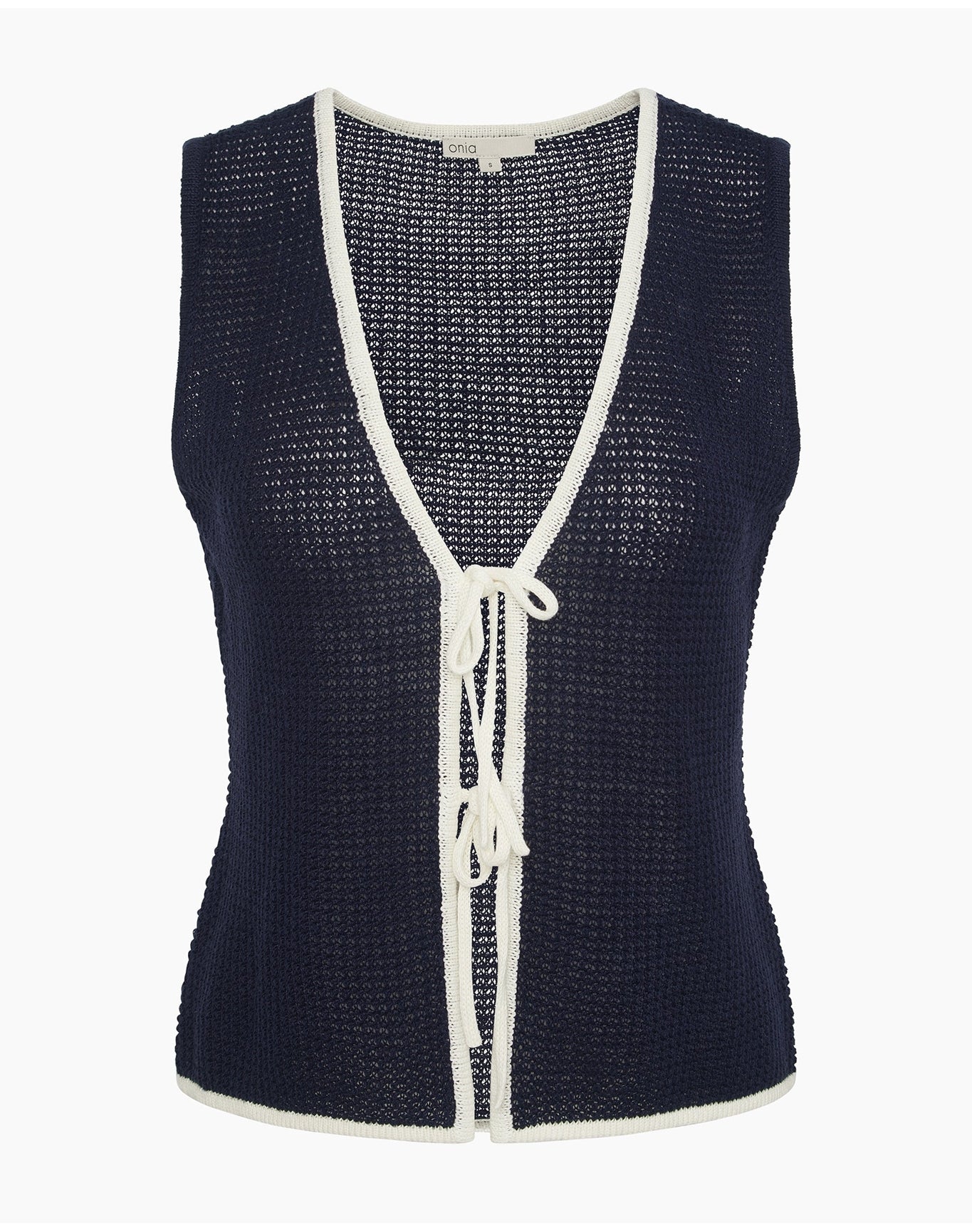 Women | Linen Knit Tie Front Tank Top | Noir Navy x Egret - Image 3