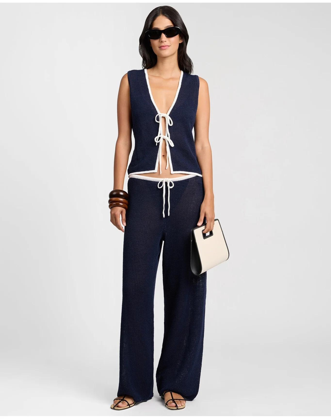 Women | Linen Knit Tie Front Tank Top | Noir Navy x Egret - Image 4