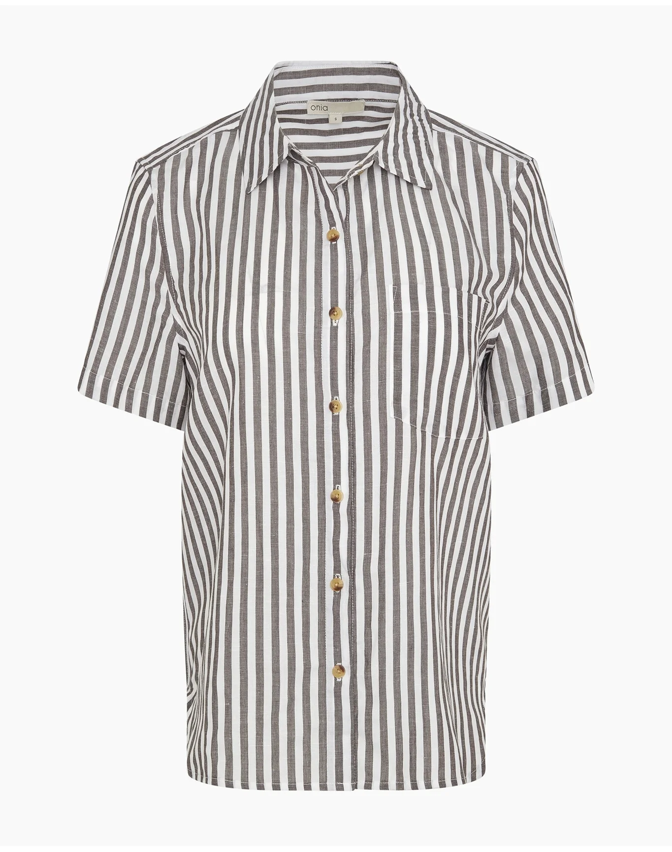 Women | Linen Short Sleeve Shirt | Dark Chocolate x White